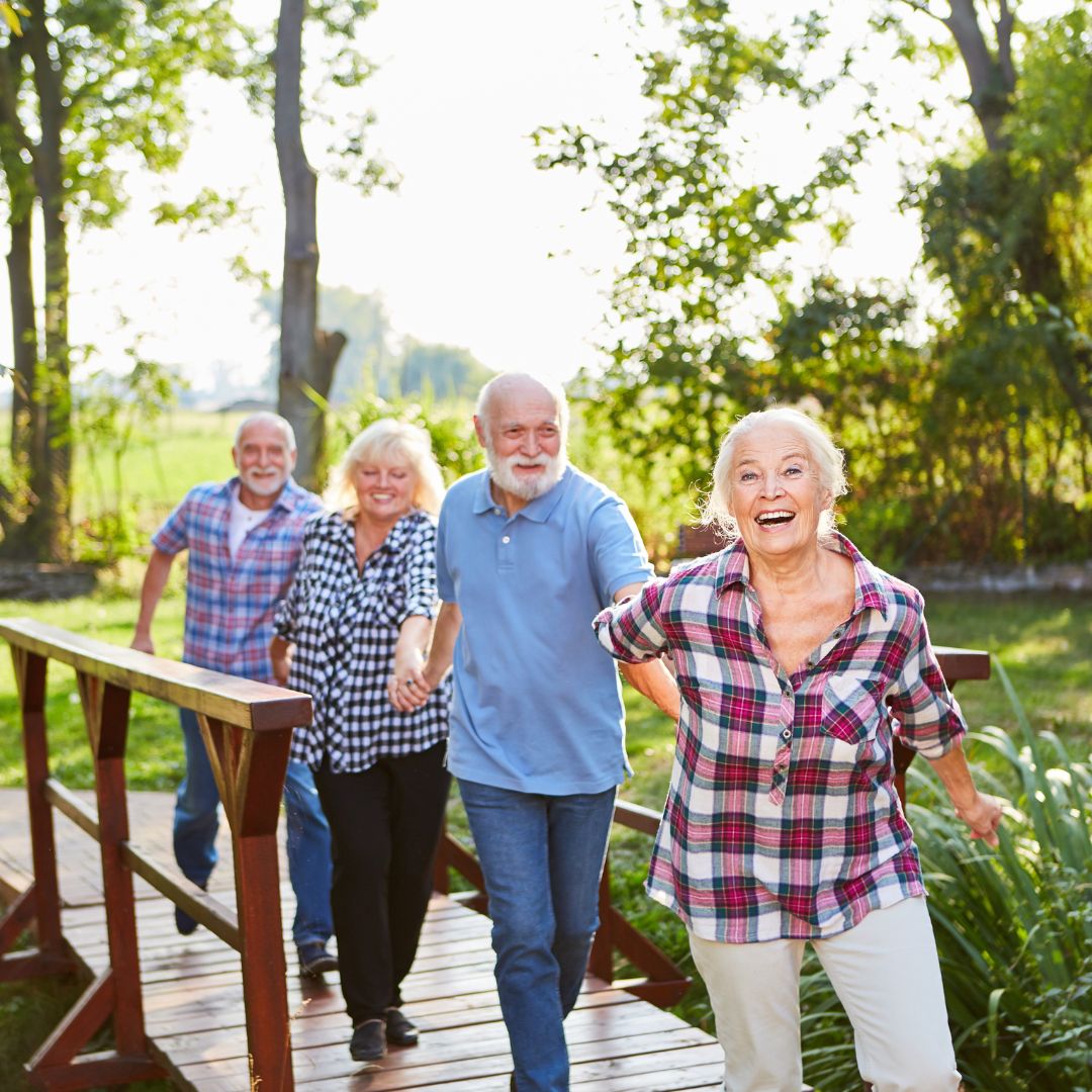 Four Older Adults Smiling at Camera, Holding Hands While on a Wooden Bridge