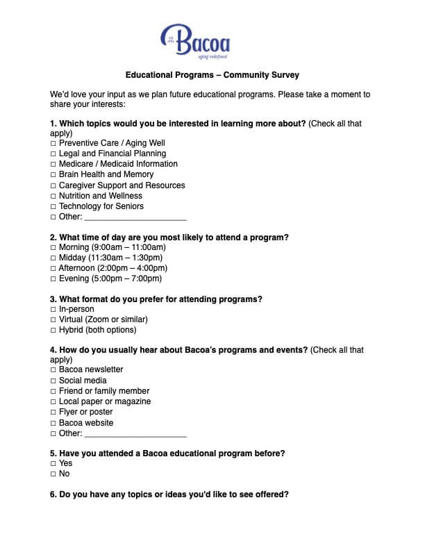 Bacoa_Survey Bacoa Educational Programs Community Survey